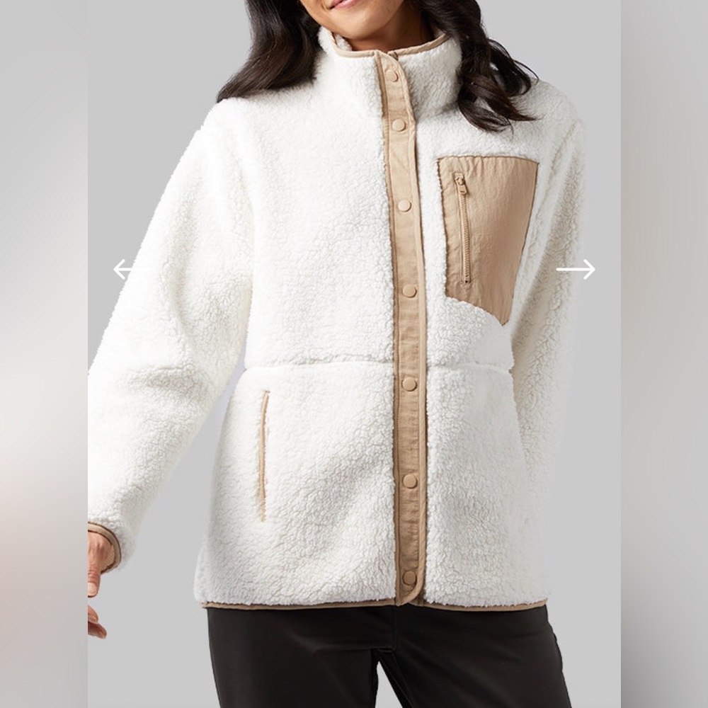 32 Degrees Women’s Snap Sherpa Jacket Cream/Brown Trim Soft & Cozy Size XS NWT’s - Picture 1 of 8